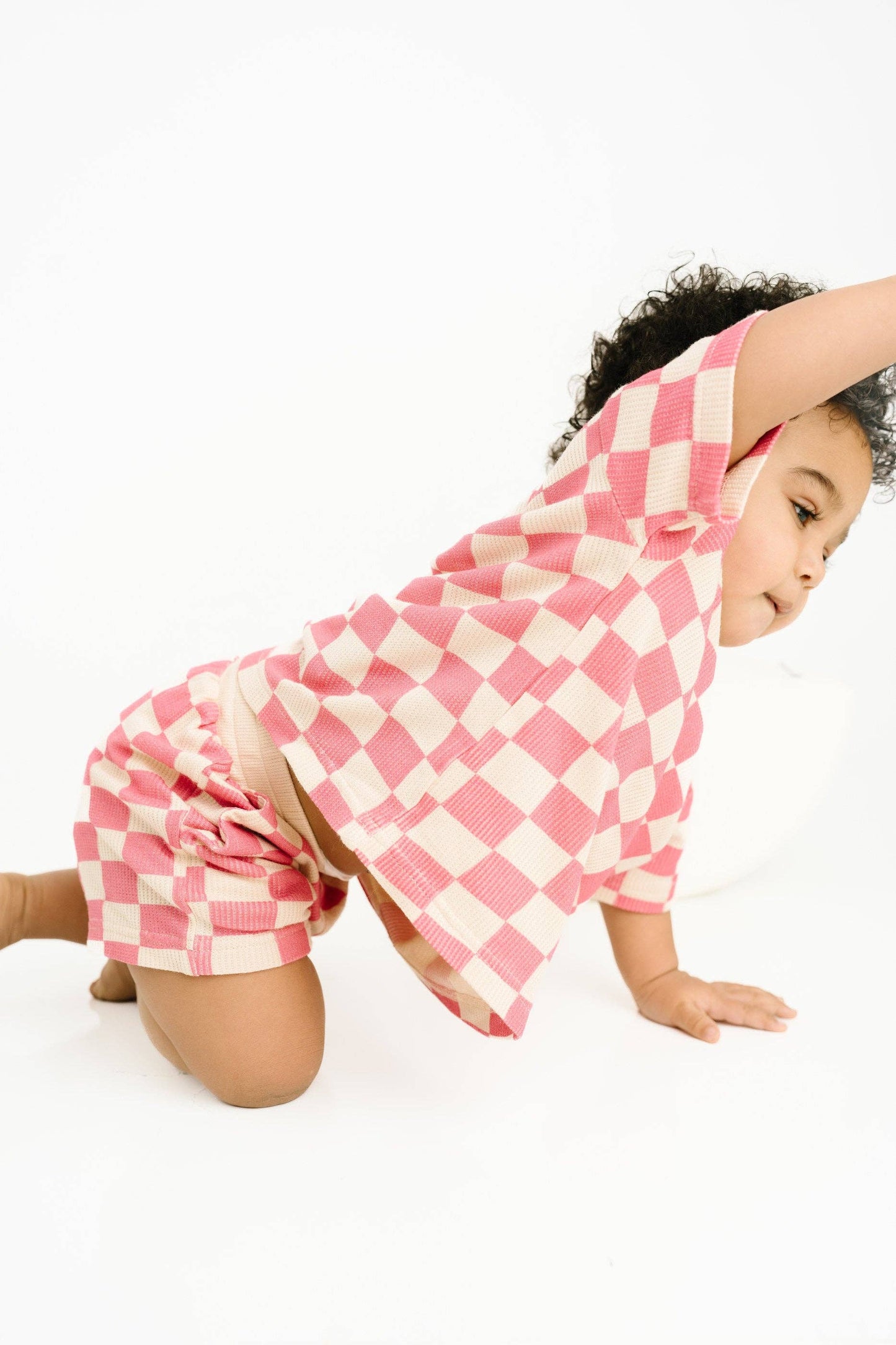 Pink Checkered Waffle Bamboo Shorts Set