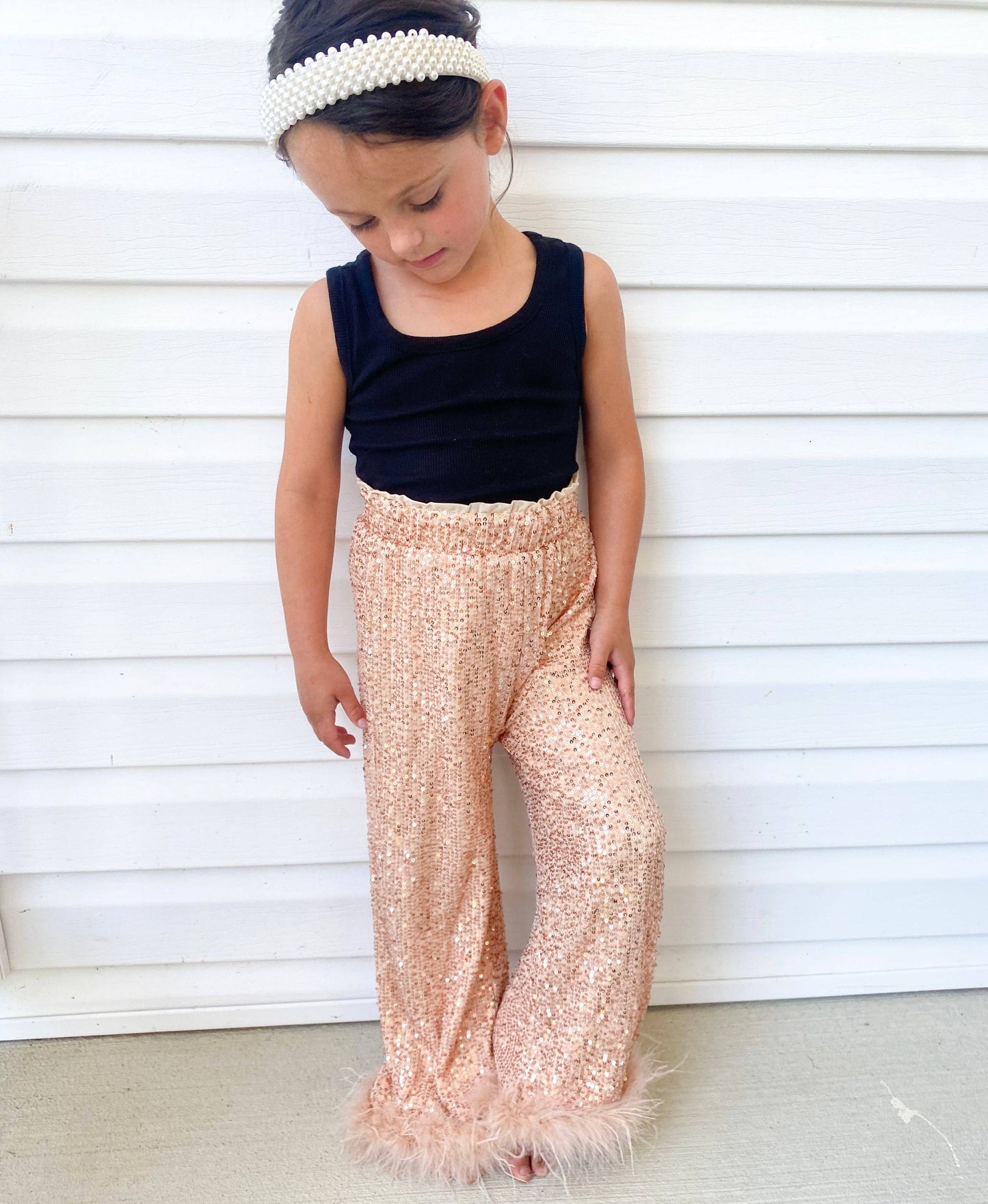Champagne Sequins Feather Pants