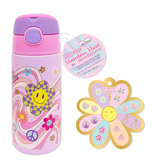 Pop Open Stainless Steel Water Bottle, Groovy Flower