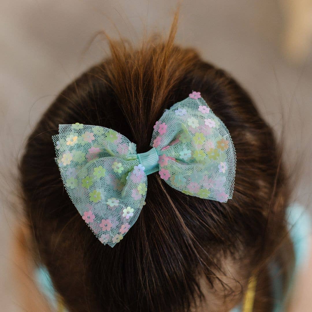 Robin's Egg Blue Confetti Flower Bow Clip - Kids Easter Clip