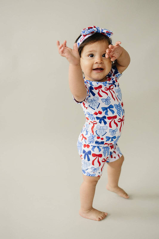 4th of July Bamboo Shorts Set | Red-White & Bows