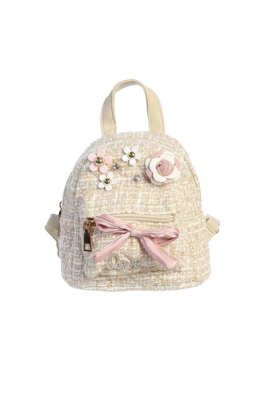 Tweed Mini Backpack with Flower Charms and Large Bow