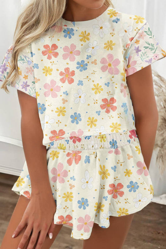 Floral Print Dropped Sleeve 2pcs Short