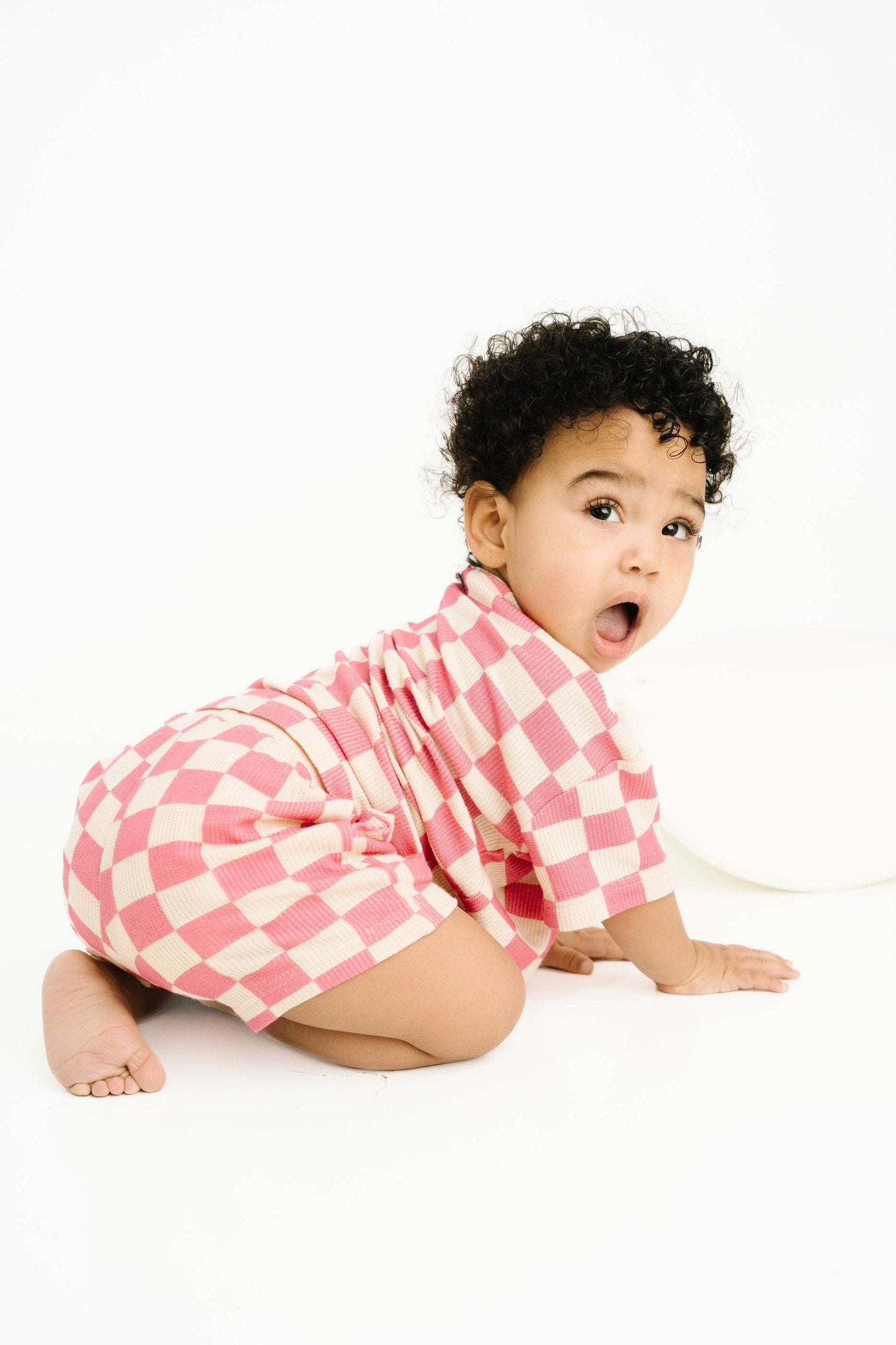 Pink Checkered Waffle Bamboo Shorts Set
