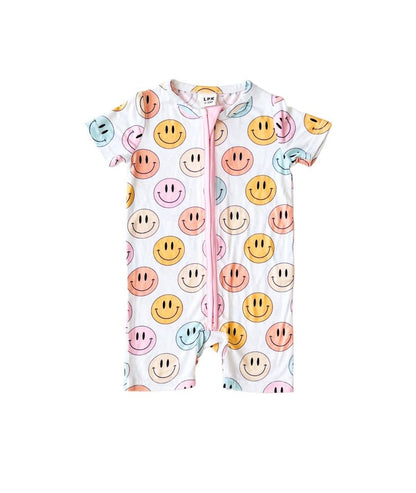 Smiley Bamboo Short Romper | Pink