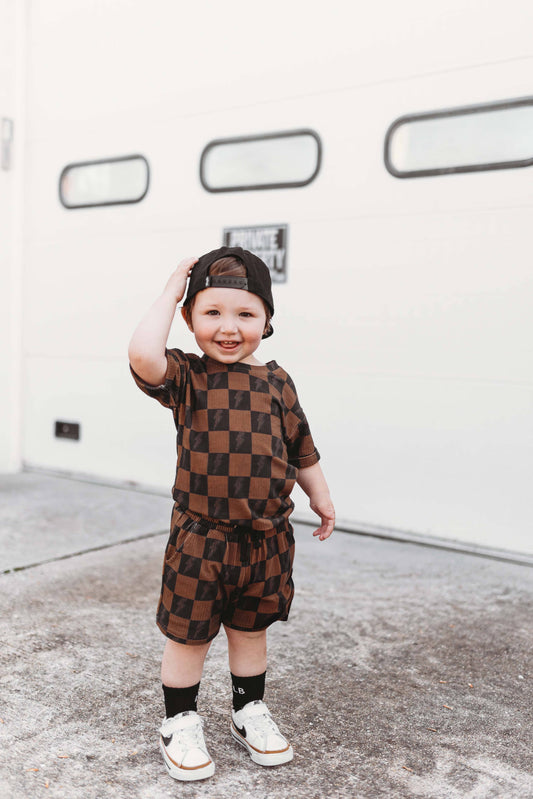 Brown Checkered Lightning Bolt Ribbed Lounge Short Set 