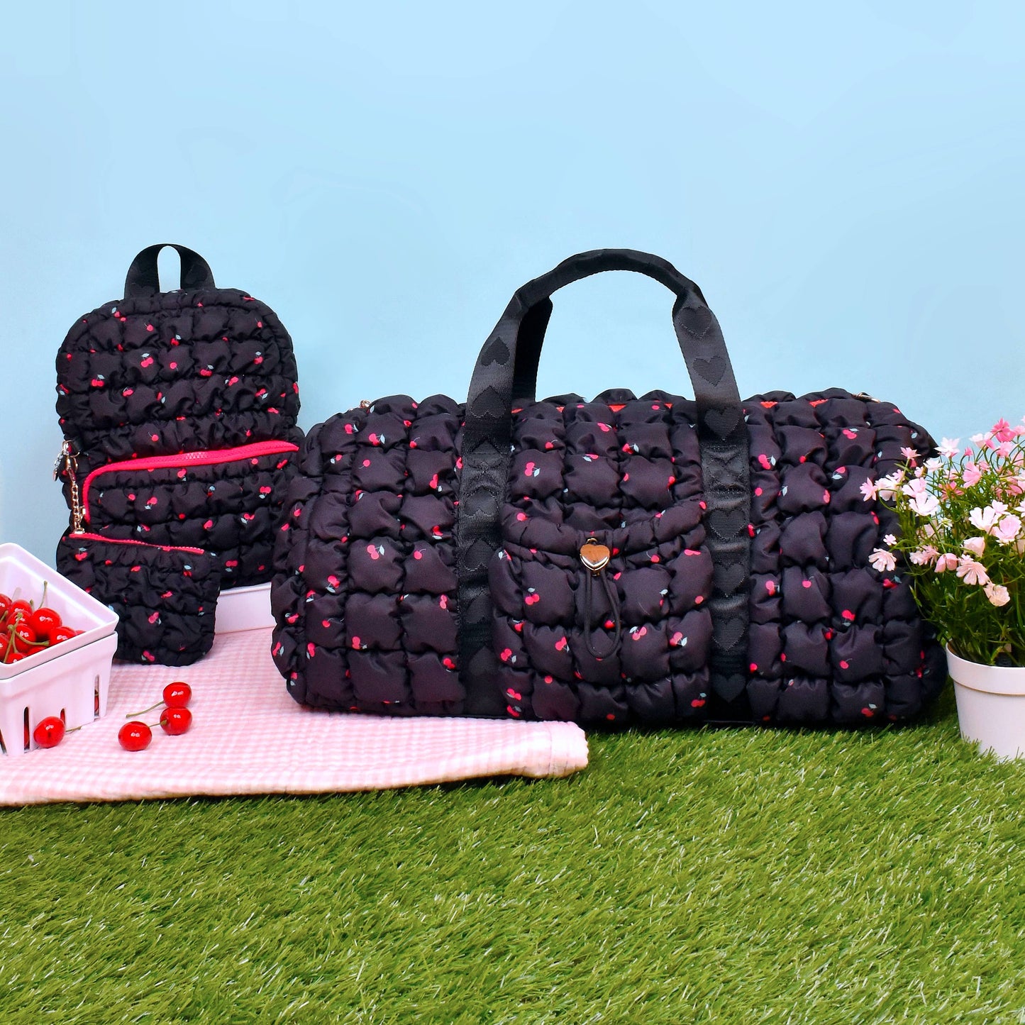 Quilted Scrunchies Cherry Printed Mini Backpack with Coin Purse