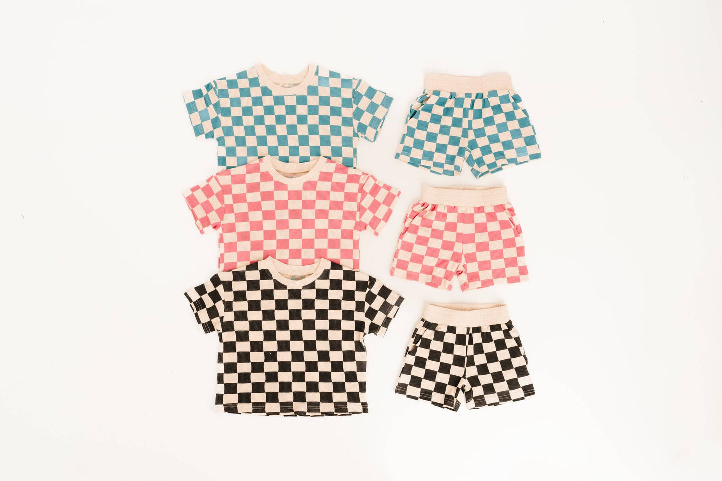 Pink Checkered Waffle Bamboo Shorts Set