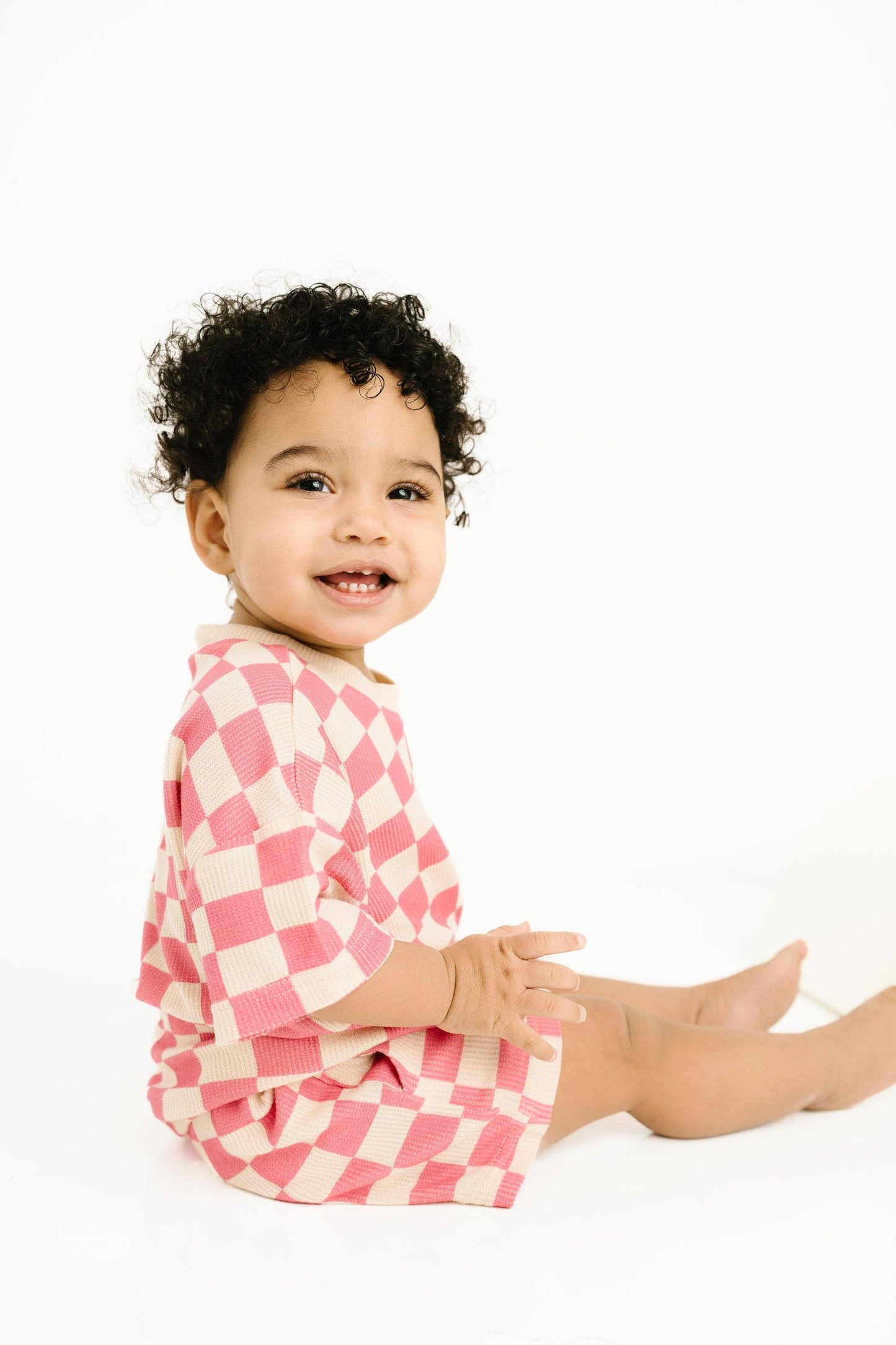 Pink Checkered Waffle Bamboo Shorts Set