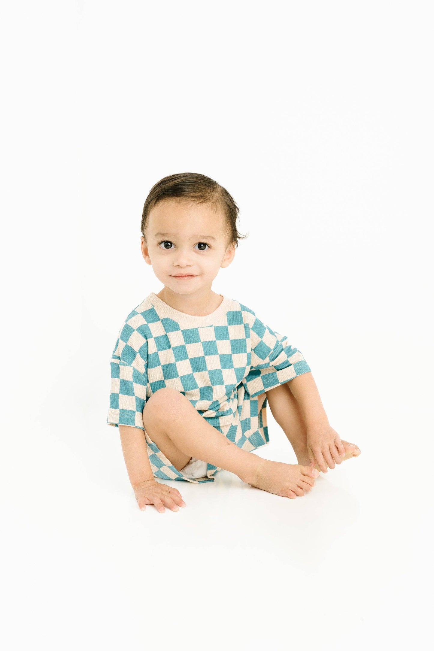 Blue Checkered Waffle Bamboo Shorts Set