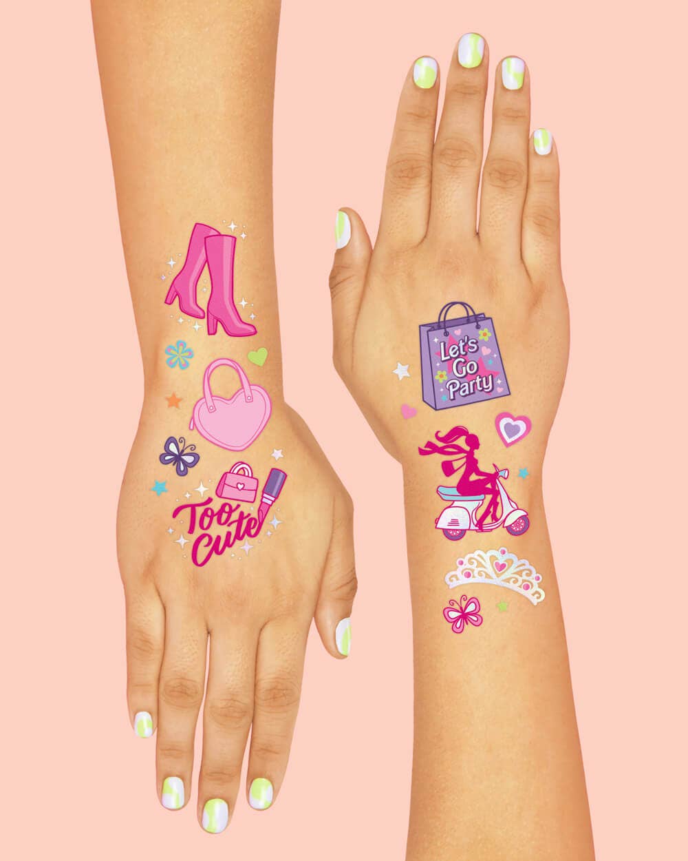 Pink Girl Party Foil Kids Temporary Tattoos, Activity, Favor