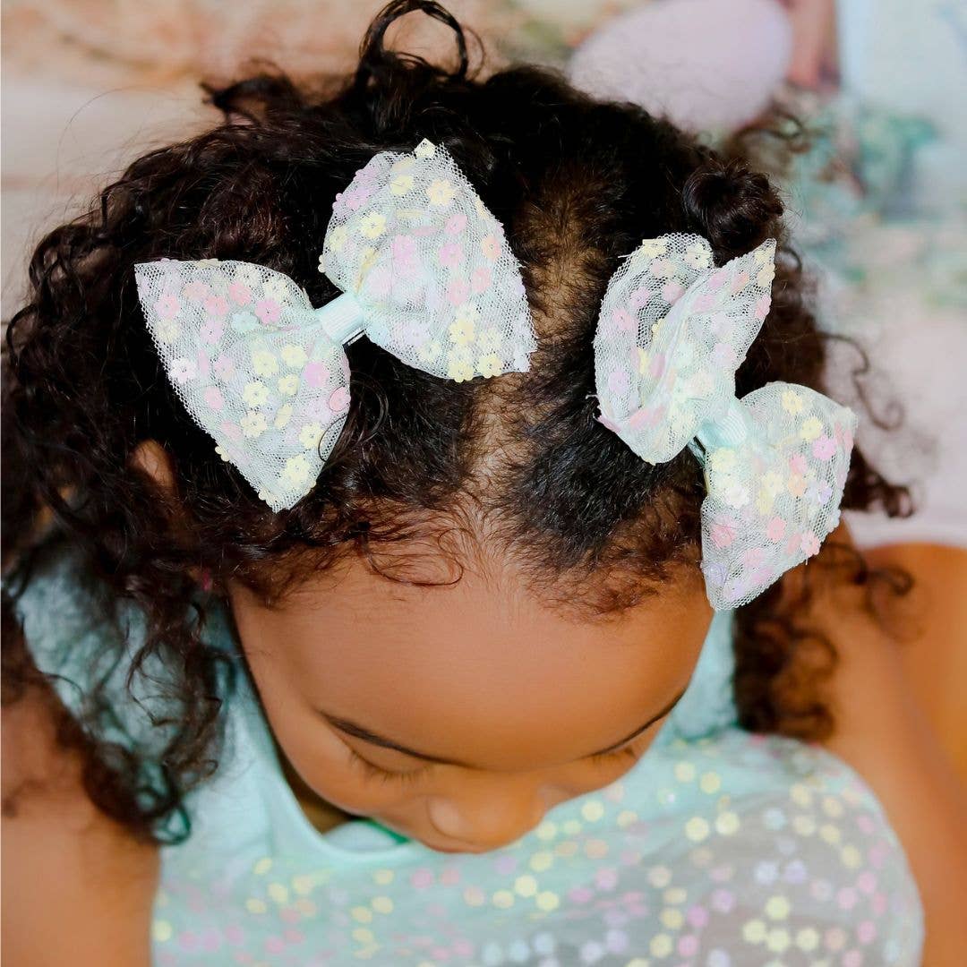 Robin's Egg Blue Confetti Flower Bow Clip - Kids Easter Clip