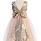 Vintage Floral Sequin V Back & Bow Girls Dress