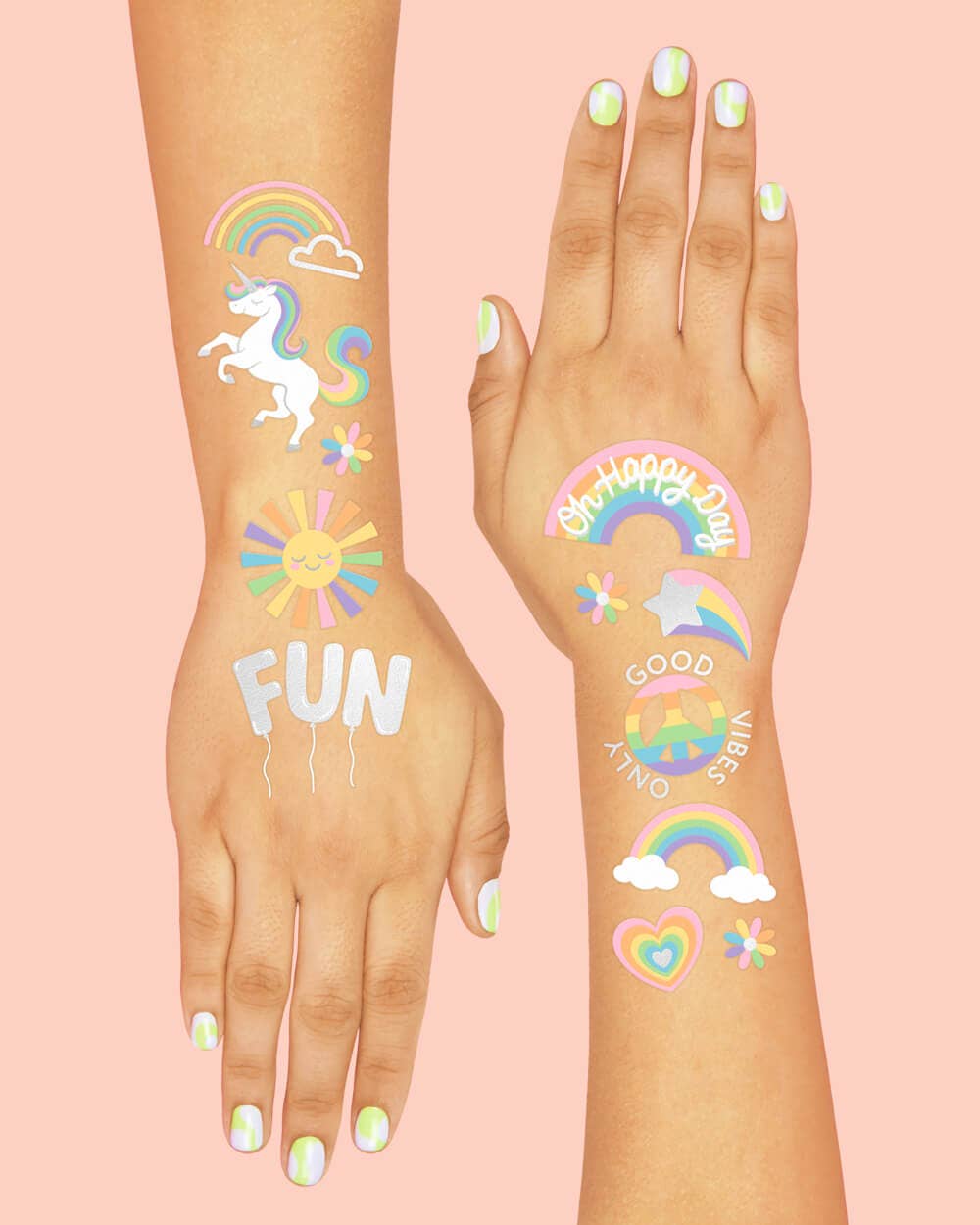 Pastel Rainbow Party Foil Kids Temporary Tattoos, Bday Favor