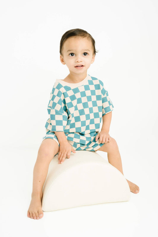 Blue Checkered Waffle Bamboo Shorts Set