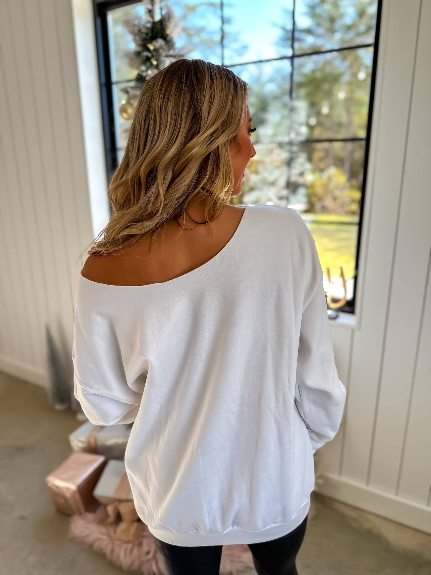 Santa Baby White GraphicCrewneck Off the Shoulder Sweatshirt