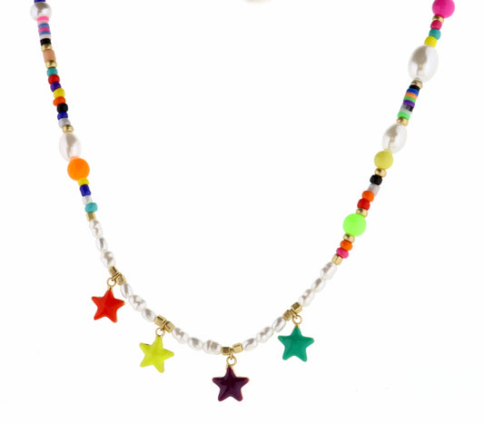 Multi Stars on bead & Pearl Necklace