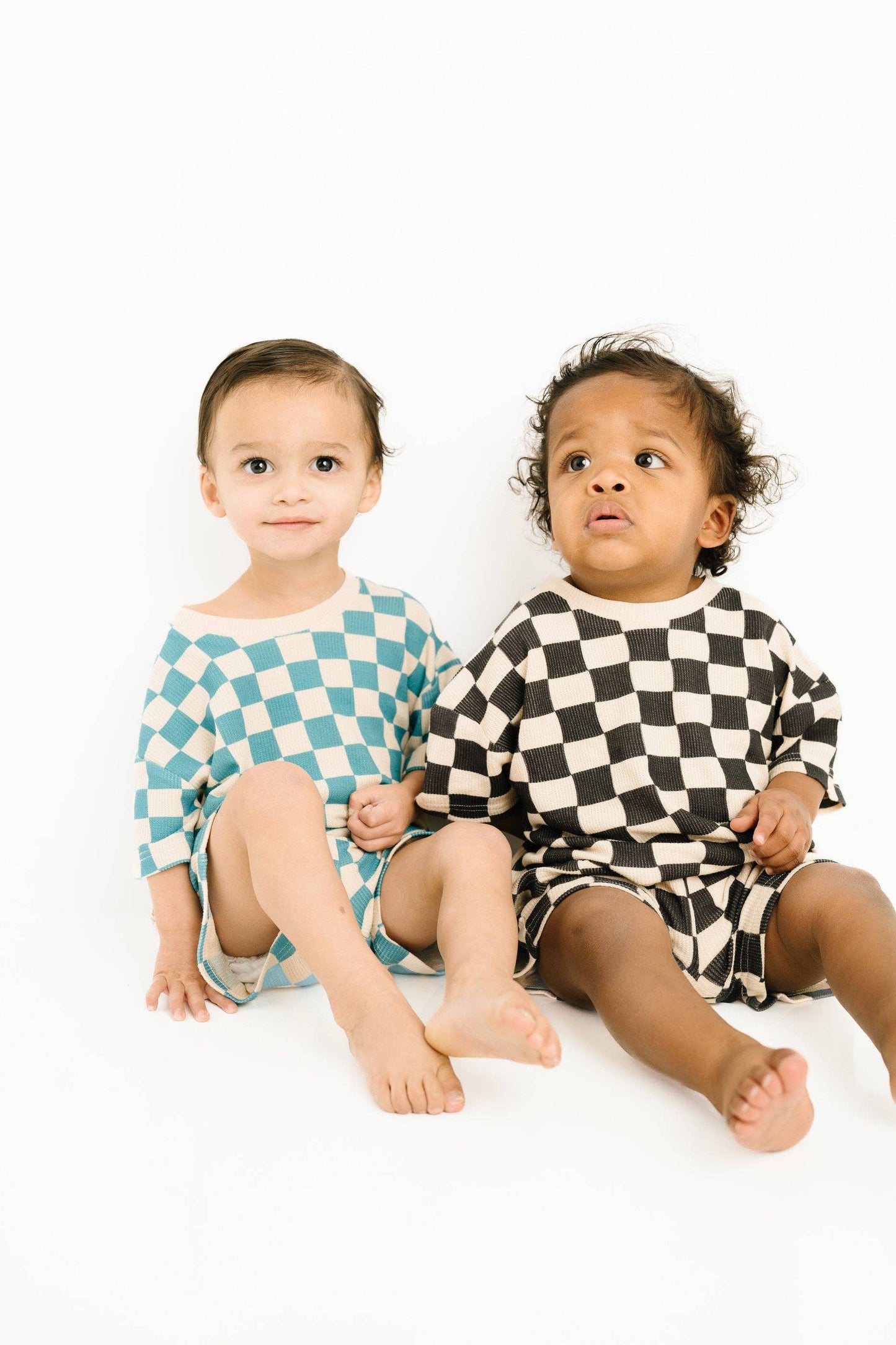 Blue Checkered Waffle Bamboo Shorts Set