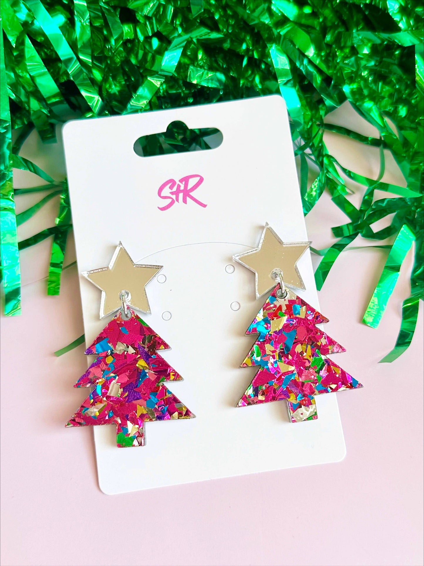 Hot Pink Confetti Acrylic Christmas Tree with Silver Star