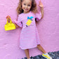 Striped Ruffle Sleeve Dress w/ Polka Dot Pencil Applique