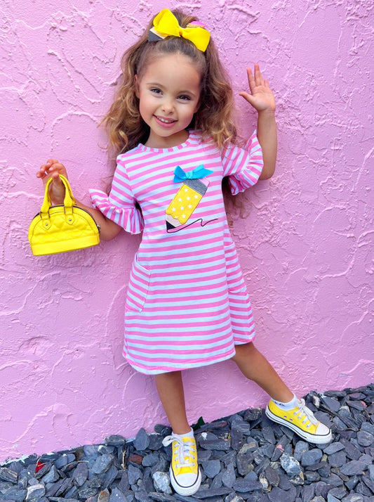 Striped Ruffle Sleeve Dress w/ Polka Dot Pencil Applique