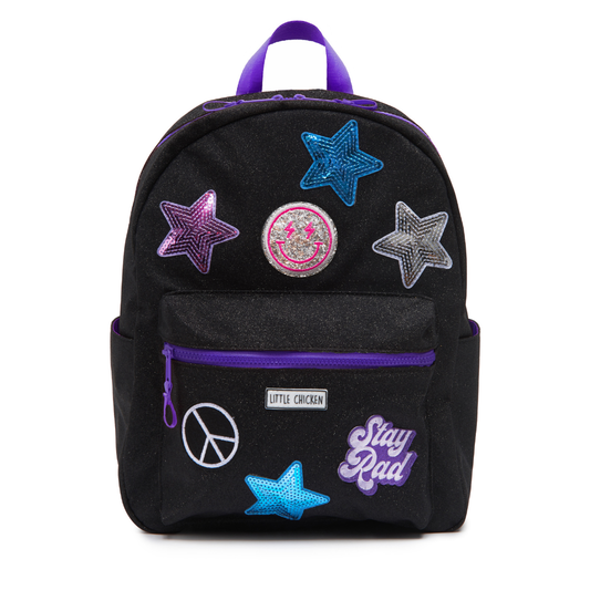 Black Glitter Kids Backpack with Patches, Back to School