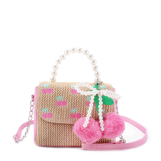 Cherry Patched Straw Top Handle Bag