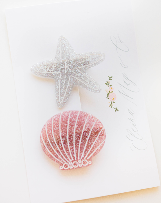 Starfish & Sea Shell Hair Clip-Sparkly Silver & Sparkly Pink