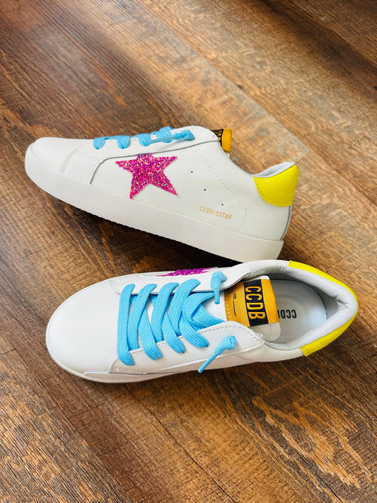 Pink Glitter Star Yellow and Blue Accent Sneakers - Kids 