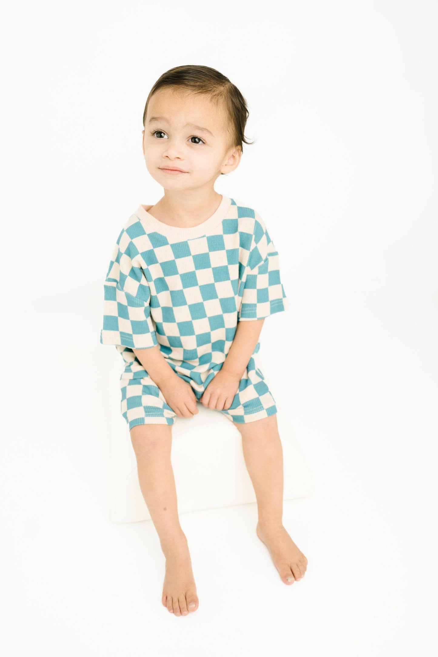 Blue Checkered Waffle Bamboo Shorts Set
