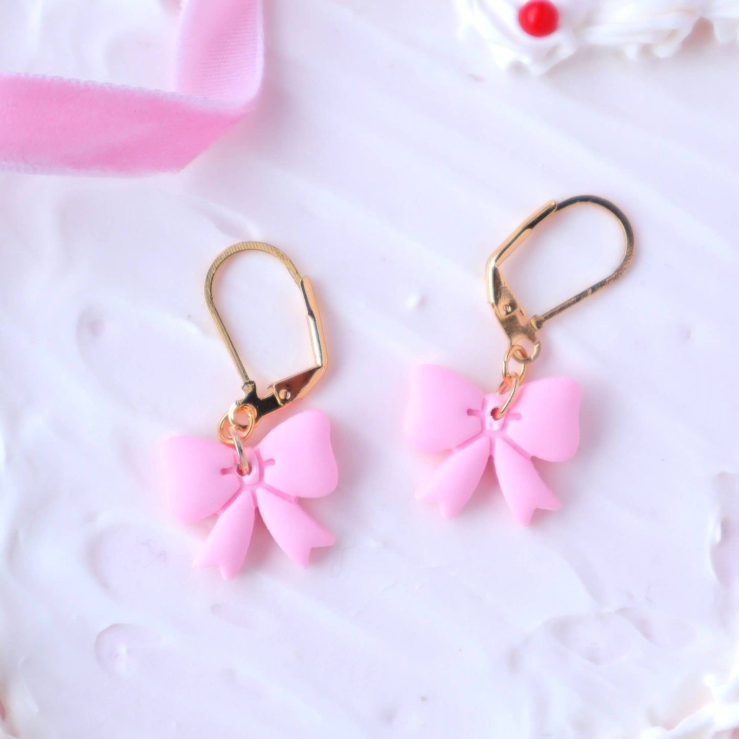 Pink Bow Lever Back Earrings