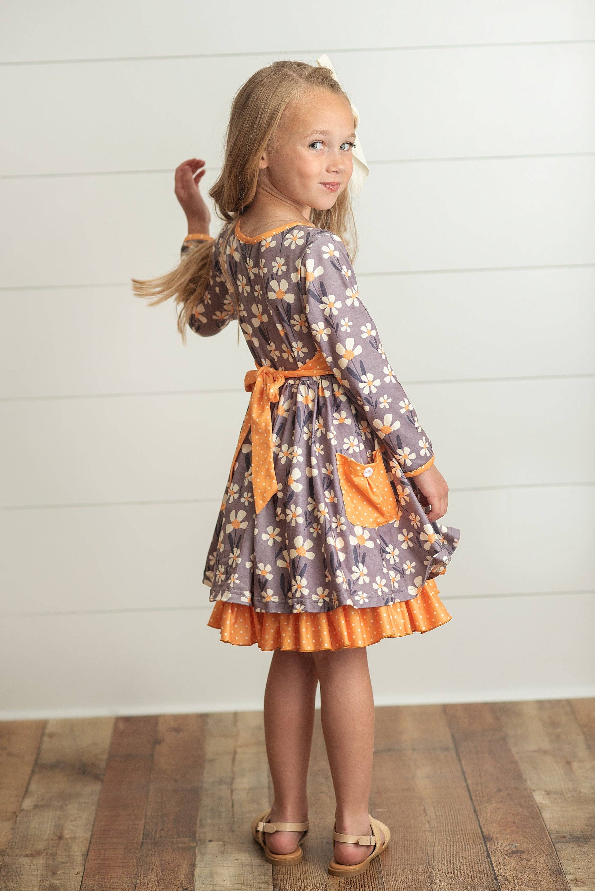 kids fall dress Girls' Dandelions In Fall 3/4 Sleeve Pocket Twirl Dress Size: 7/8 By Mila & Rose