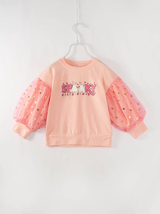 Halloween Pink Spooky Puff Sleeves Girl Top