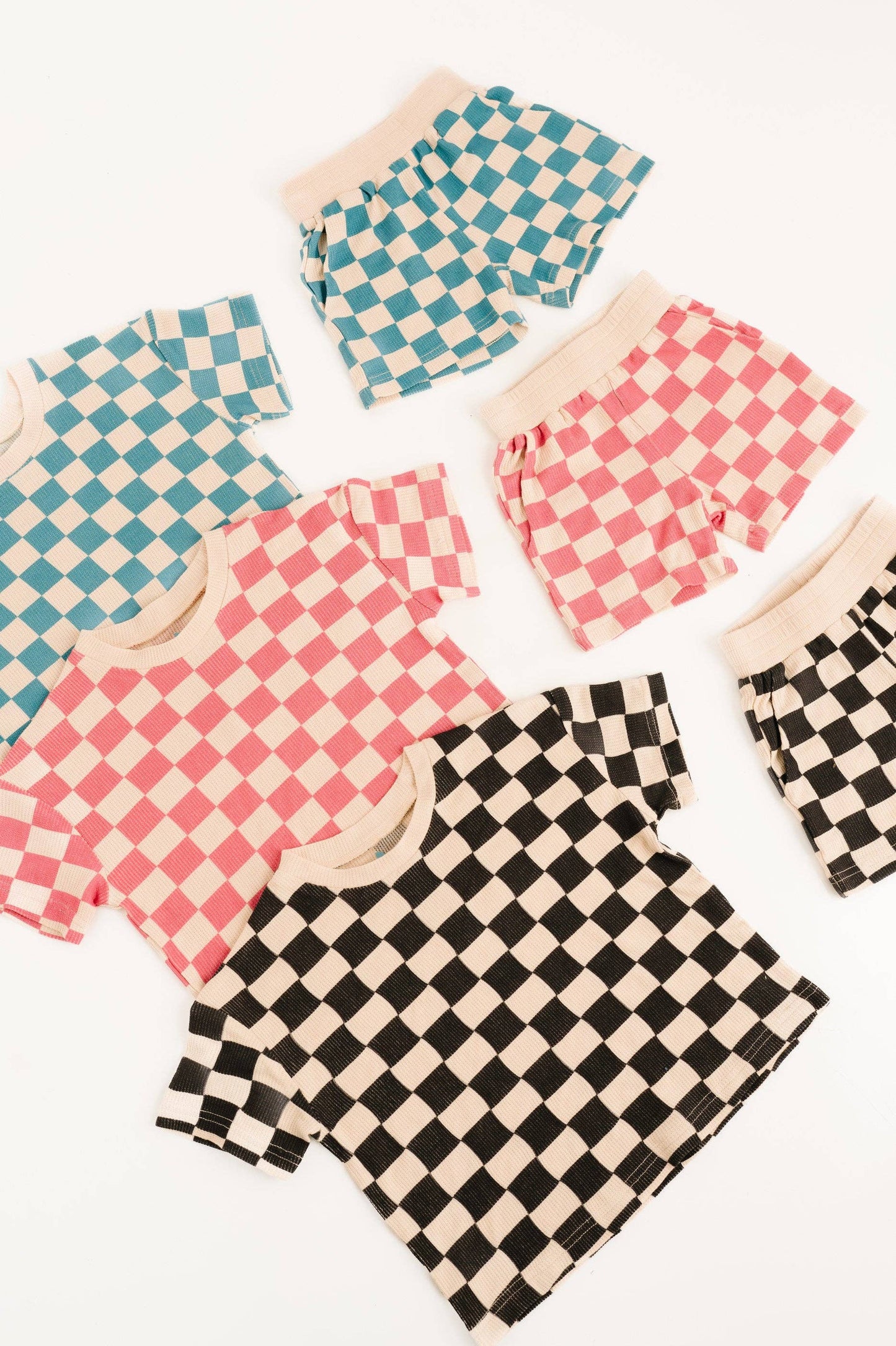 Pink Checkered Waffle Bamboo Shorts Set