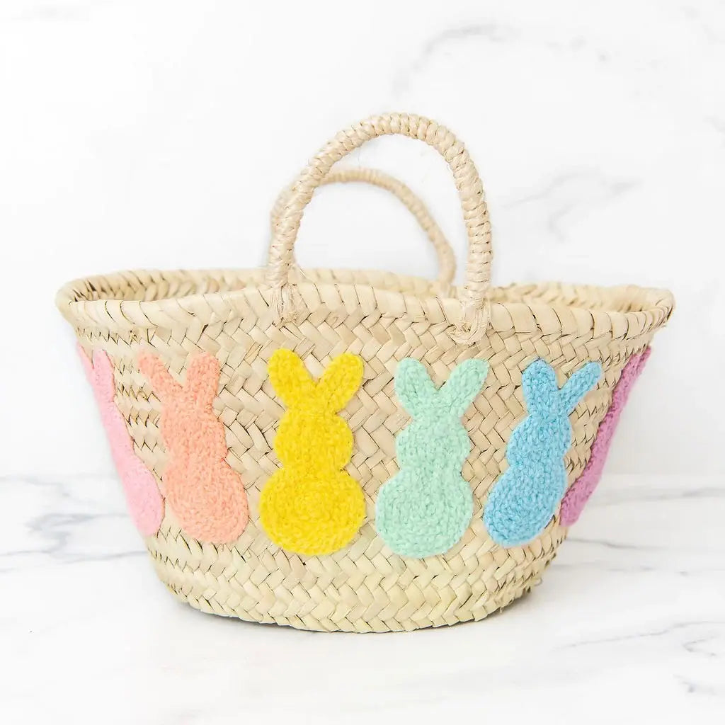 Pastel Rainbow Bunny easter Straw Basket, Bridal Shower Bags