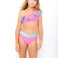 Neon Pink One Shoulder Bikini with Anemone Fringe & Aqua Seq