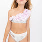 Silver One Shoulder Bikini Light Pink Metallic Petals & Sequ