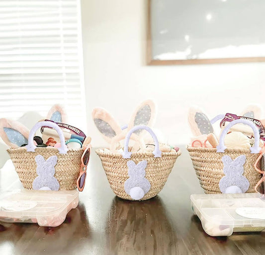 White Bunny easter Straw Basket, Bridal Shower Bag, Baby Bag